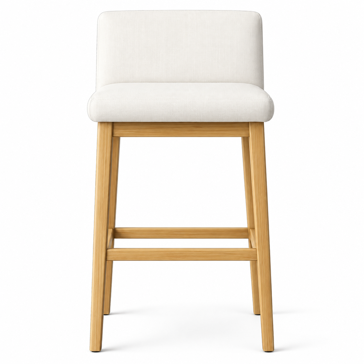 Vista posterior y en perspectiva de los Bancos Cairo en una barra de cocina. Bancos altos de diseño contemporáneo con estructura de madera maciza de fresno natural y asiento tapizado claro por BRARIO.