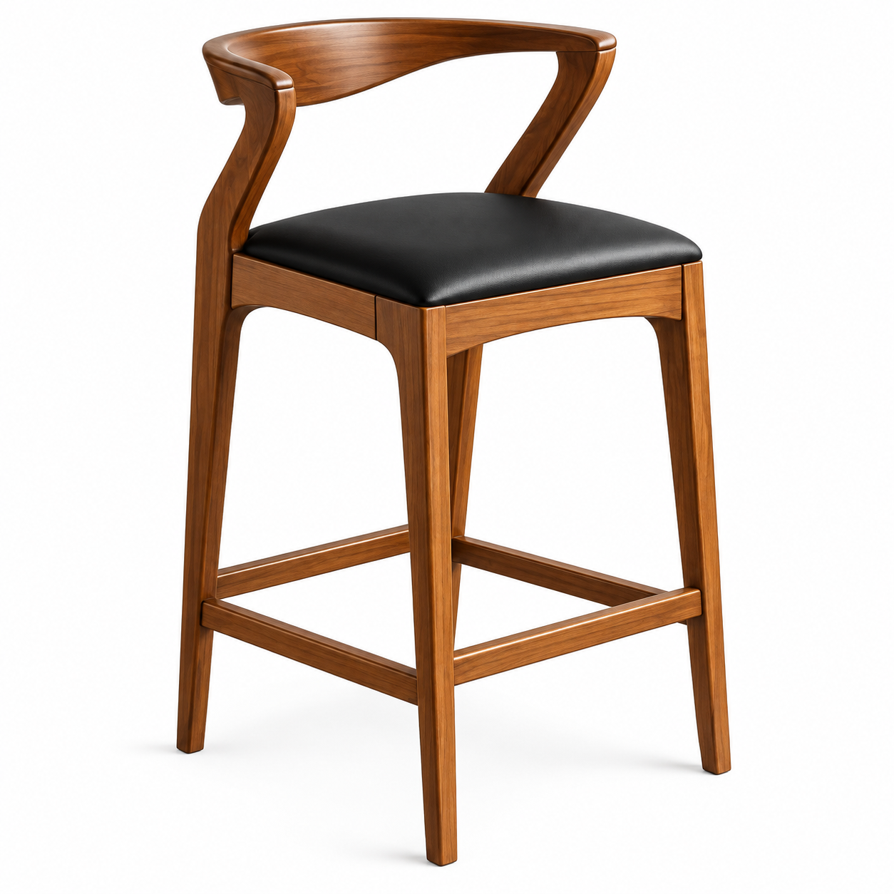 Vista frontal de dos Bancos Ember en una barra de cocina. Bancos altos de diseño contemporáneo con estructura de madera maciza y asiento tapizado oscuro por BRARIO.