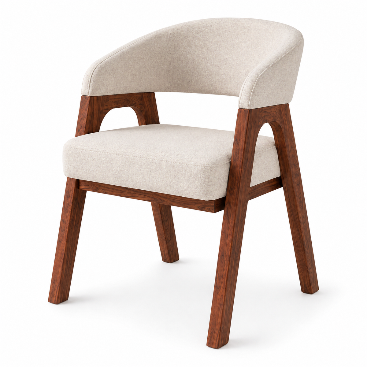 Detalle del respaldo curvo ergonómico, el asiento acolchado de alta densidad y las uniones sólidas de precisión de la Silla Virelli.