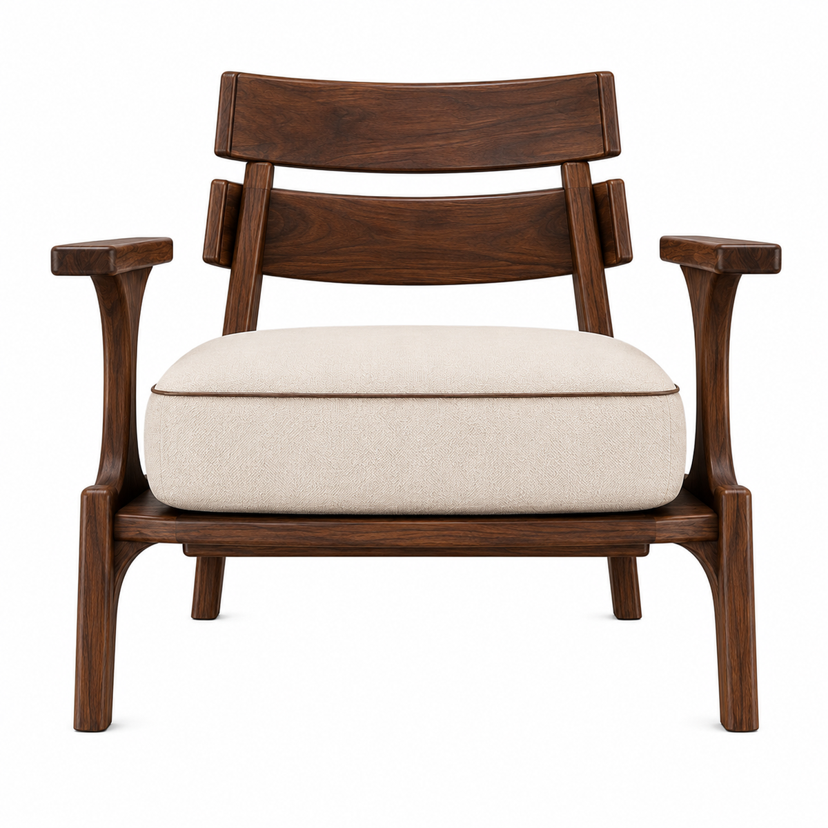 Detalle del respaldo de listones curvos, brazos ergonómicos y el acabado artesanal de la madera de parota del Sillón Nappa.