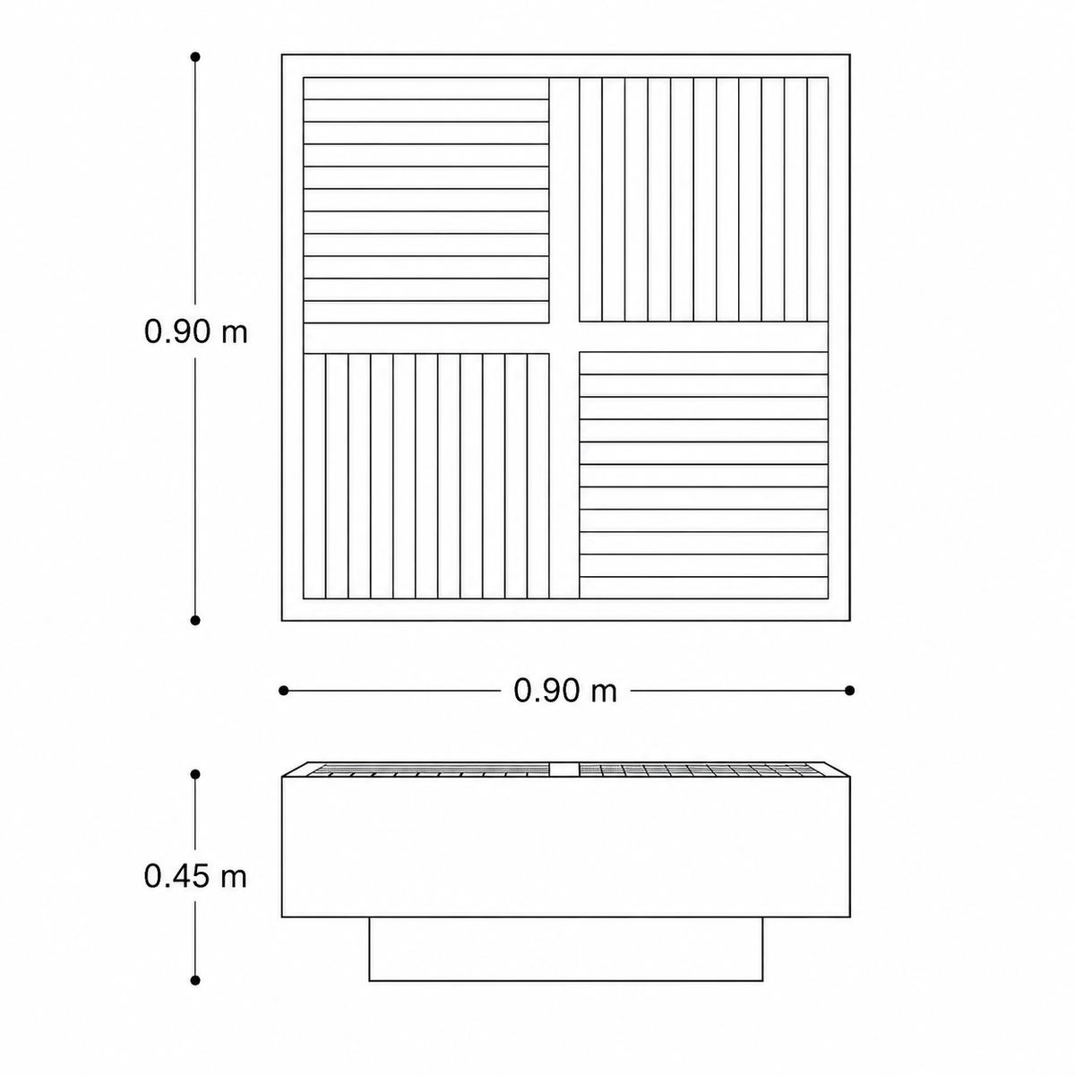 Plano técnico y medidas generales de la Mesa de Centro Porto (90 cm de largo x 90 cm de ancho x 45 cm de alto). Mueble moderno de BRARIO Furniture.