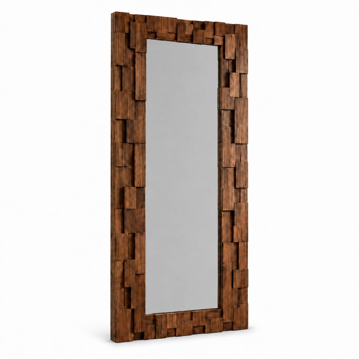 Vista frontal del Espejo Moscú en una recámara. Espejo de cuerpo completo con marco texturizado en enchapado de nogal natural fabricado por BRARIO.