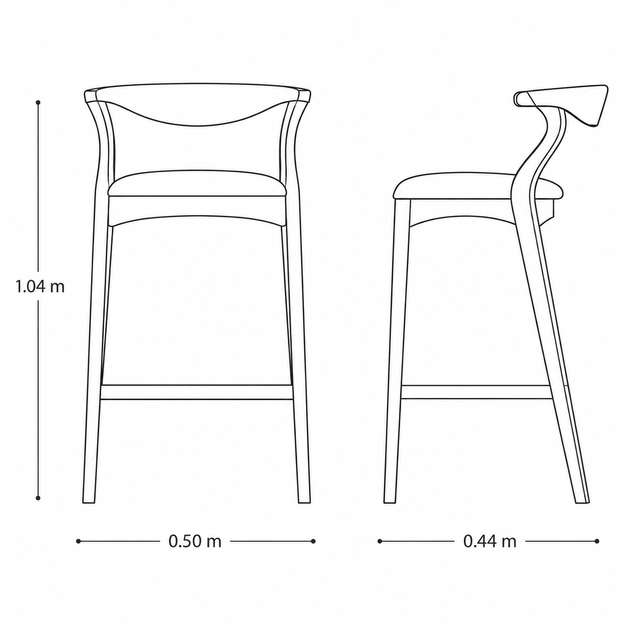Vista frontal de dos Bancos Ember en una barra de cocina. Bancos altos de diseño contemporáneo con estructura de madera maciza y asiento tapizado oscuro por BRARIO.