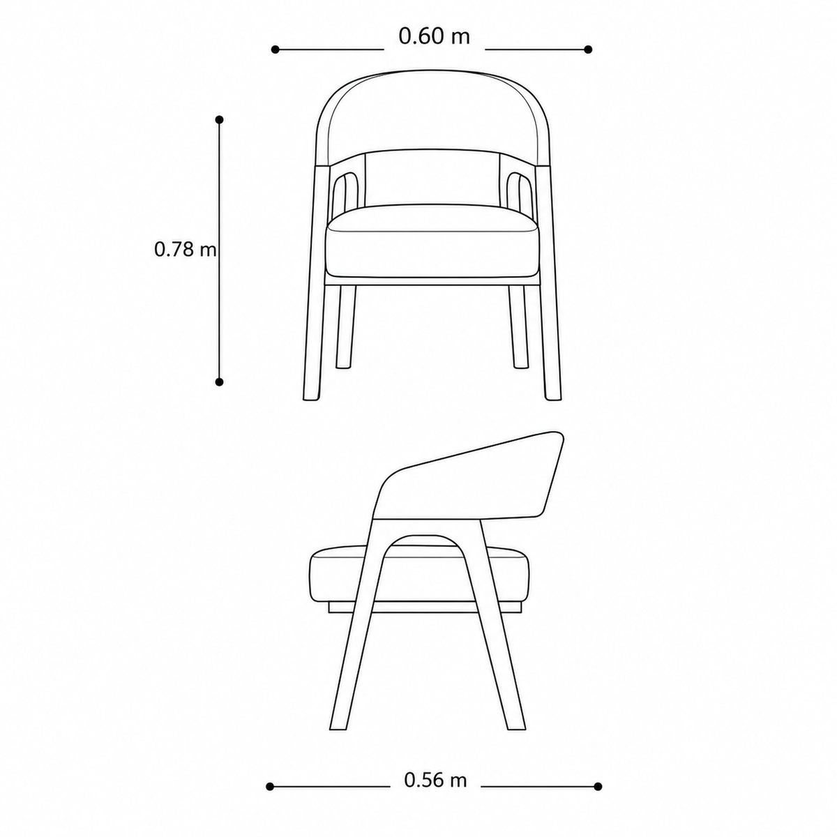 Plano técnico y medidas generales de la Silla Virelli (56 cm de largo x 78 cm de alto x 54 cm de profundidad). Mueble de BRARIO Furniture.