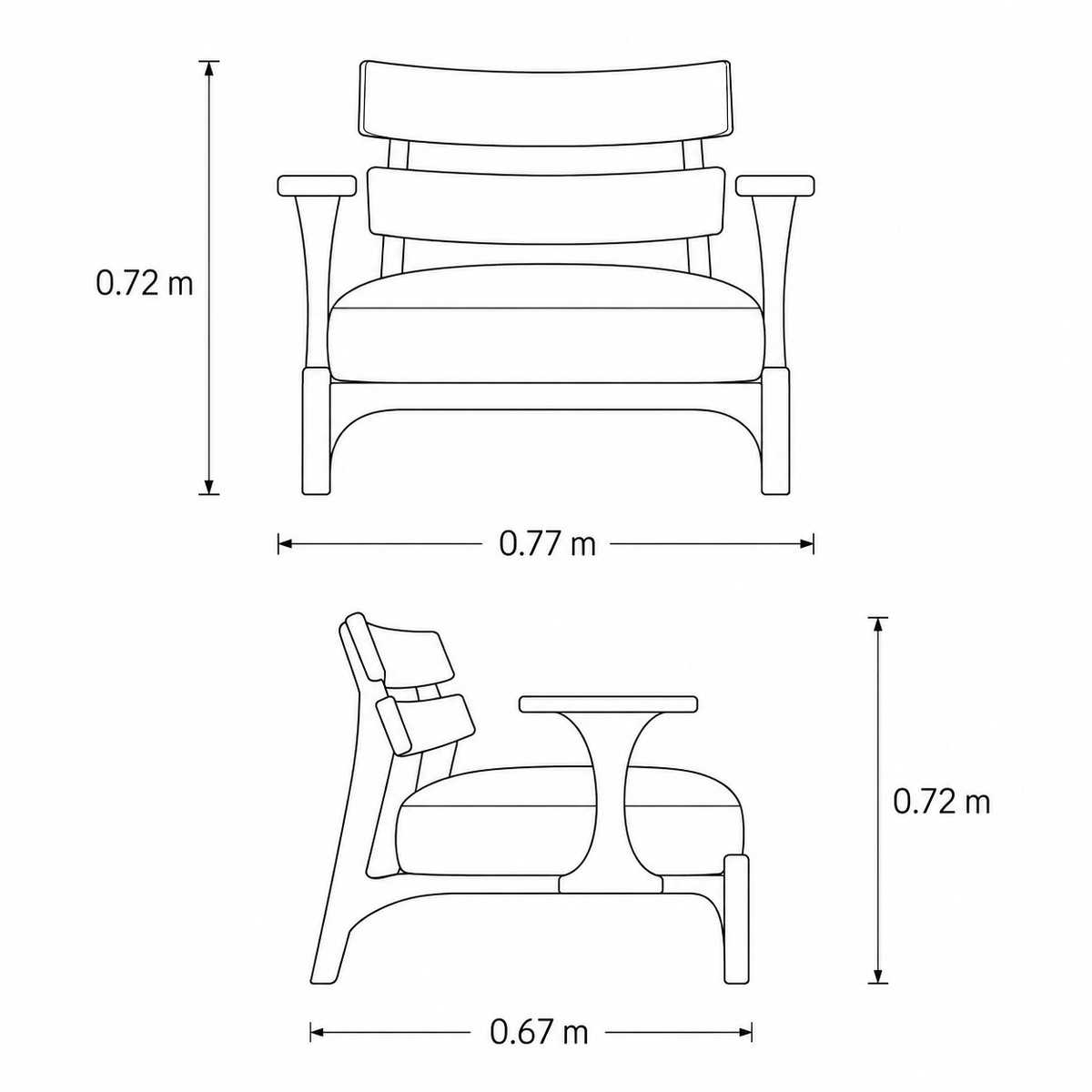 Plano técnico y medidas del Sillón Nappa (77 cm de ancho x 72 cm de alto x 72 cm de profundidad). Mueble de BRARIO Furniture.