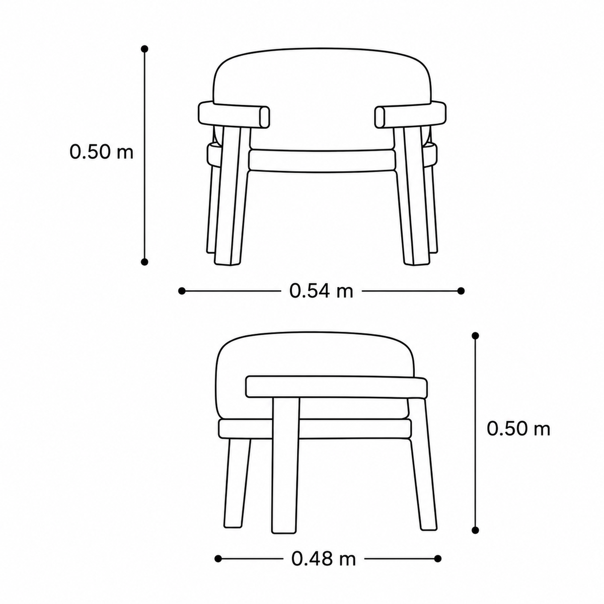 Plano técnico y medidas del Taburete Sora (54 cm de frente x 50 cm de alto x 48 cm de profundidad). Mueble auxiliar de BRARIO Furniture