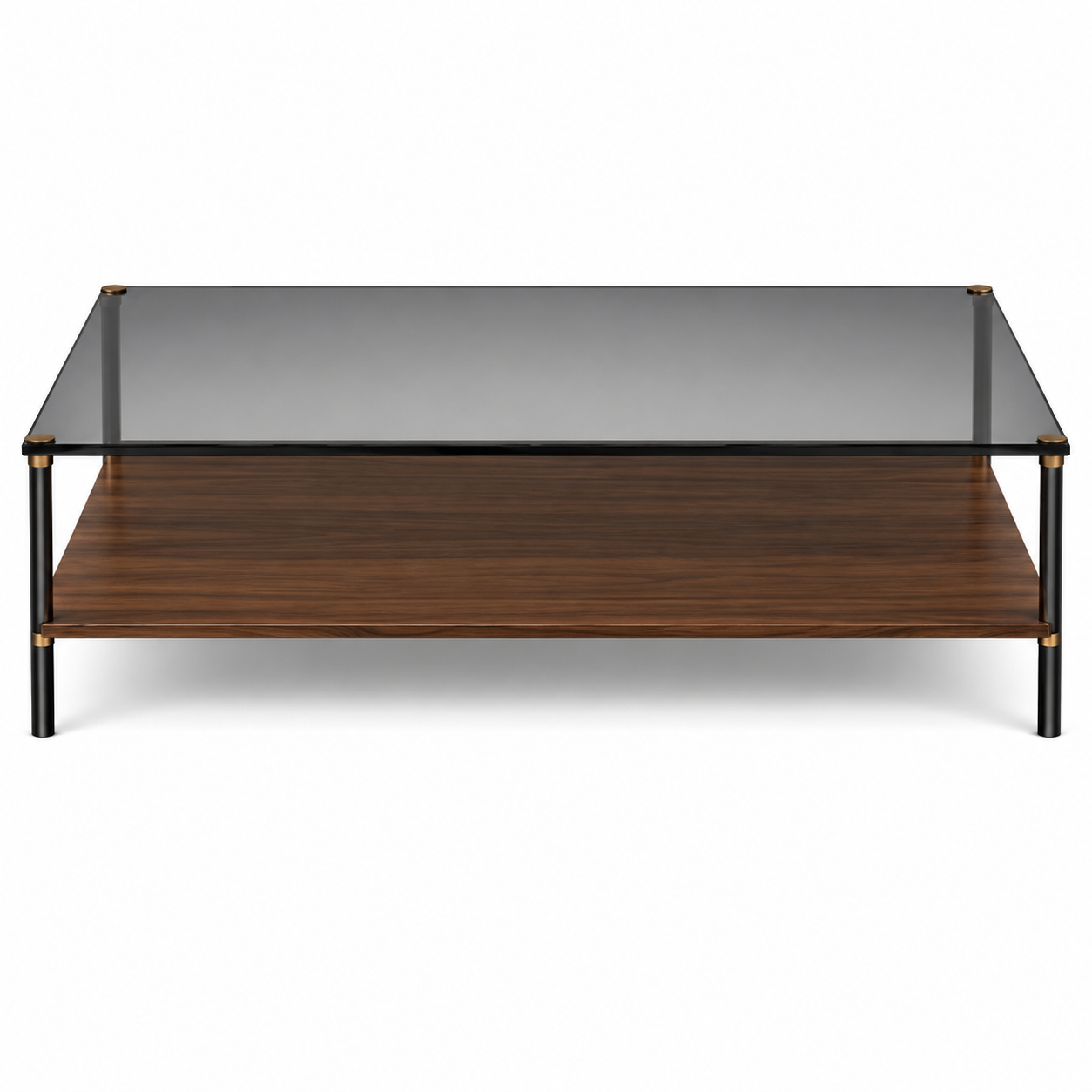 Vista en perspectiva de la Mesa Nox en una sala de estar. Mesa de centro de diseño contemporáneo con estructura de acero negro mate, cubierta de cristal ahumado y estante de melamina nogal por BRARIO.