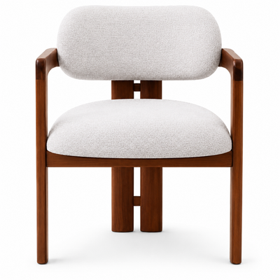 Vista frontal y en perspectiva de la Silla Malak. Silla auxiliar de diseño contemporáneo con respaldo flotante y estructura de madera maciza en nogal natural por BRARIO.