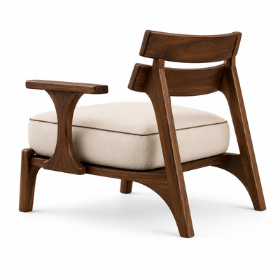 Vista frontal y en perspectiva del Sillón Nappa. Diseño contemporáneo con estructura en madera maciza de parota y cojín tapizado en tela clara por BRARIO.
