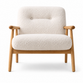 Vista frontal y en perspectiva del Sillón Valmar en una sala de estar. Diseño contemporáneo con estructura de madera sólida de fresno y tapizado en tela bouclé color claro por BRARIO.